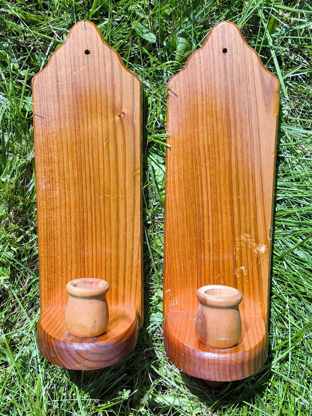 Vintage Pair Handcrafted Wooden Wall Sconce Candle Holders